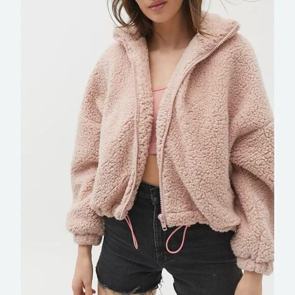 URBAN OUTFITTERS | Willow Fuzzy Drawstring Teddy Jacket Blush Pink | Size Medium - Picture 1 of 8